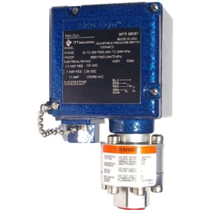 Close-up of a Neo-Dyn general purpose pressure switch, model 100P44C3, with specifications and warning labels visible on its blue and silver body.