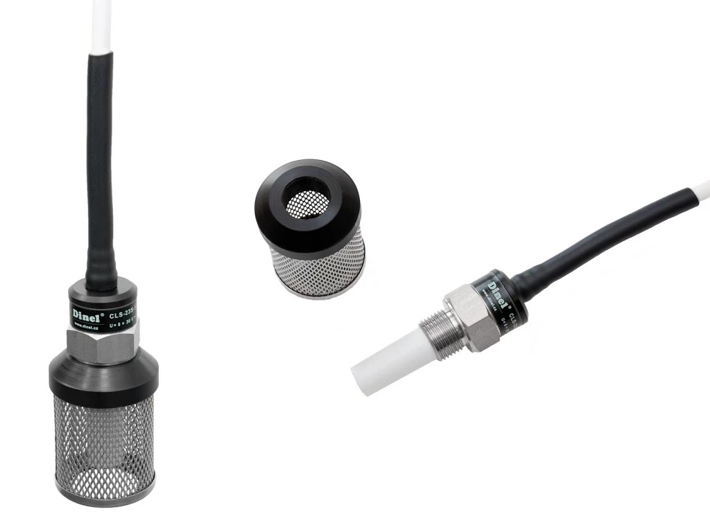 CLS-23S submersible level switch. The image shows three Dinel level sensors, including a cage-style sensor and a rod-style sensor.