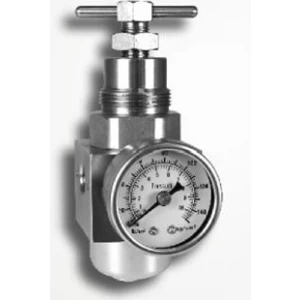 Close-up of a miniature 316 stainless steel filter regulator with a pressure gauge and a T-handle valve, part of filters regulators lubricators.