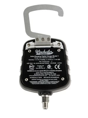 Winchester digital pressure gauge. Auto-Ranging Digital Gauge Model 1 with hook. Measures pressure accurately and safely. Intrinsically safe design.