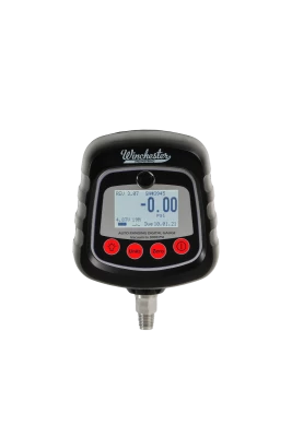 Winchester auto-ranging digital scale with LCD screen displaying -0.00. The black device has red buttons and a metal connector.