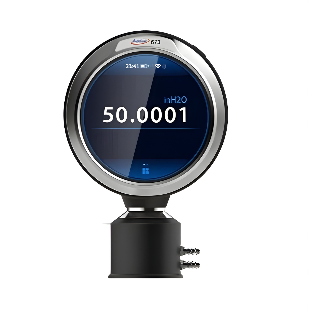 Digital pressure gauge showing a reading of 50.0001 inH2O. The gauge has a circular display with a metallic bezel and a black cylindrical base.