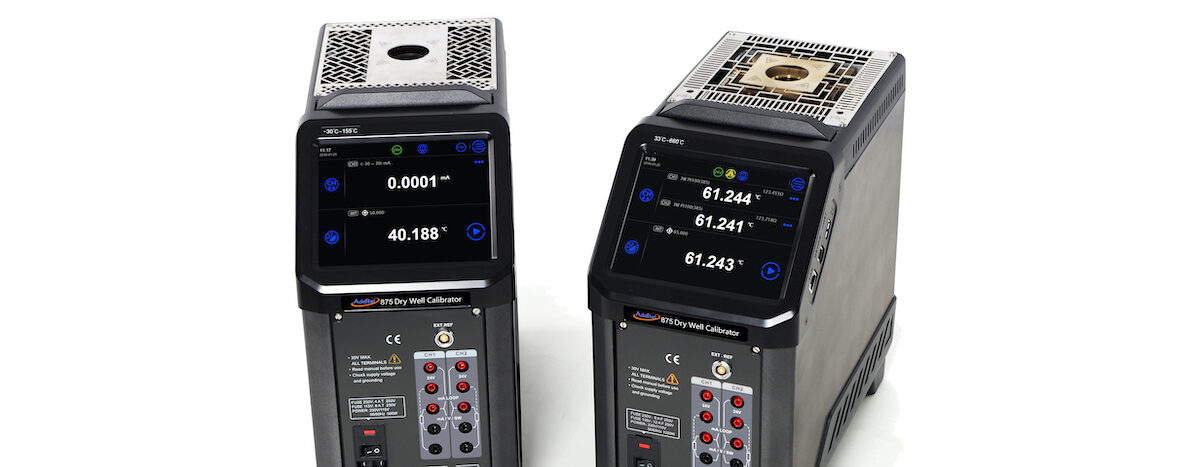 Two ADT875 Series Dry Block Calibrators. These calibrators feature digital displays and are used for precise temperature calibration.