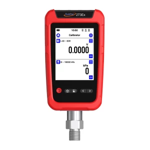 Additel 273Ex calibrator with a red case. Digital display shows voltage and pressure readings. Portable calibration tool for industrial use.