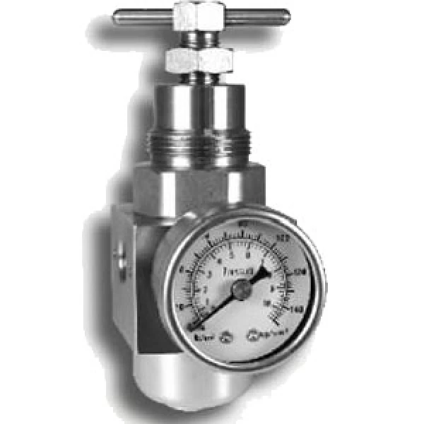 Close-up of a pressure regulator. The regulator has a gauge with a black needle and white face. The valve has a t-shaped handle on top.