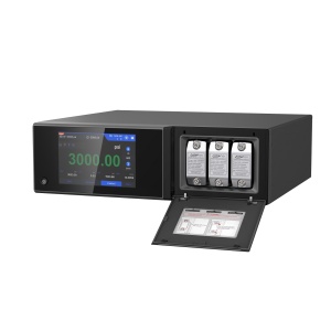 Digital pressure calibrator with modules. The calibrator has a screen displaying 3000 psi. The module bay door is open, revealing three modules.