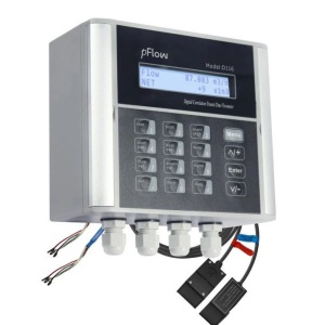 D116 Wall Mount Transit Time Water Flow Meter. Close-up of a pFlow D116 transit time flow meter with a digital display and keypad for settings.