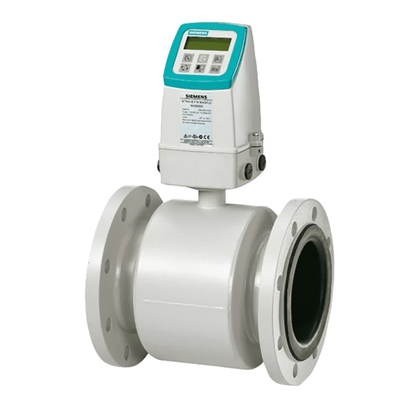 Siemens flow meter. SITRANS FM MAG 5100 W electromagnetic flow meter with flanged connection, white industrial equipment, and digital display.