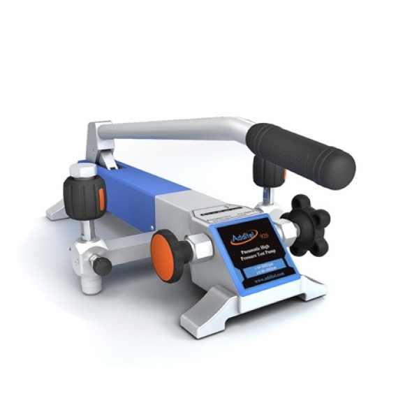 Additel 925 pneumatic high pressure test pump with a handle, adjustment knobs, and a blue and gray body on a white background.