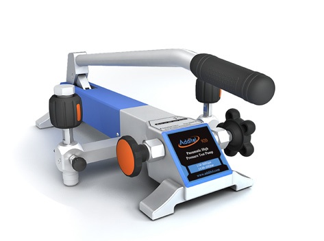 Additel 925 pneumatic high pressure test pump with a handle, adjustment knobs, and a blue and gray body on a white background.