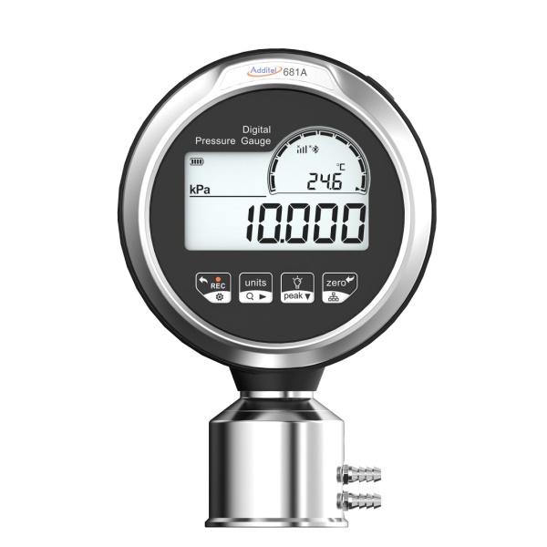 Additel 681A digital pressure gauge. Close-up shows a black digital display with a silver bezel, showing a pressure reading of 10.000 kPa.