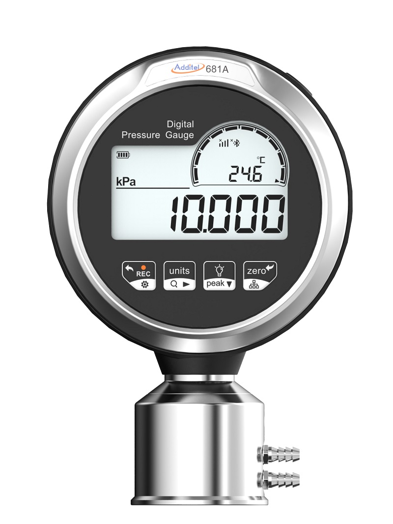 Additel 681A digital pressure gauge. Close-up shows a black digital display with a silver bezel, showing a pressure reading of 10.000 kPa.