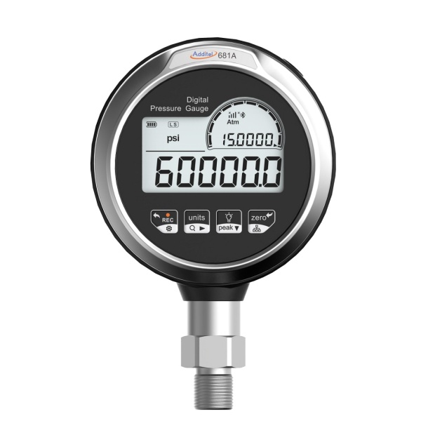 Additel 681A digital pressure gauge displaying 60000.0 psi. Round, black gauge with a silver rim, digital display, and multiple function buttons.