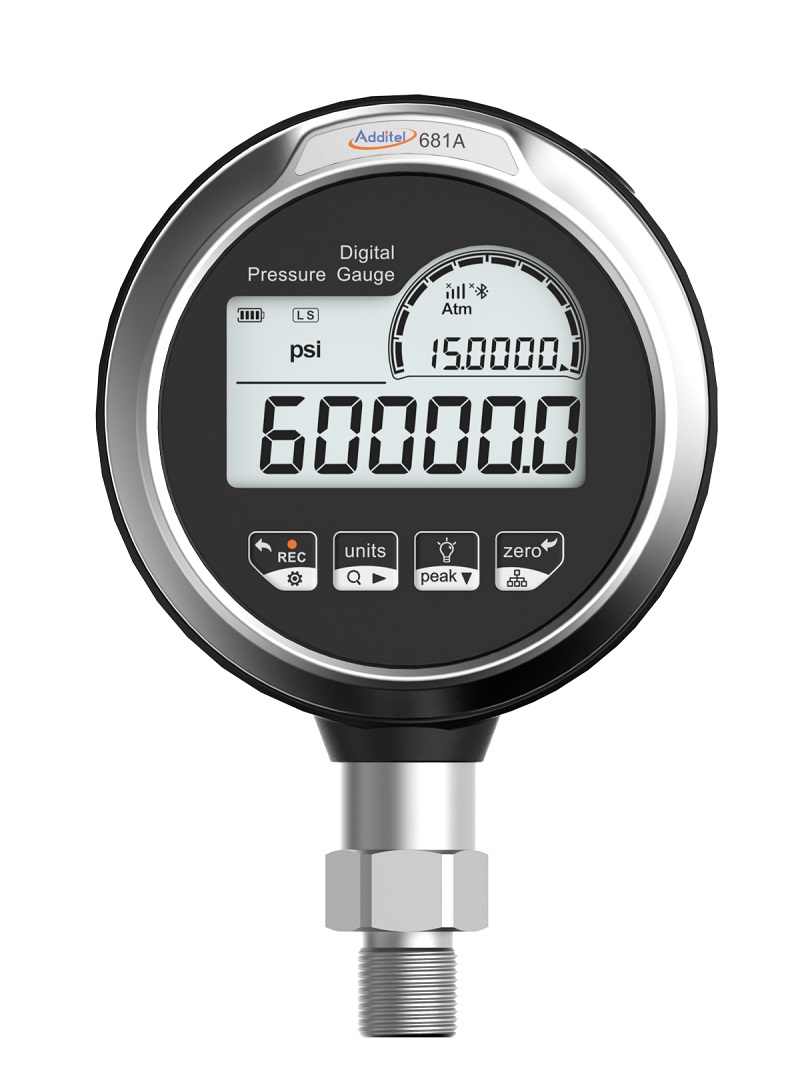 Additel 681A digital pressure gauge displaying 60000.0 psi. Round, black gauge with a silver rim, digital display, and multiple function buttons.