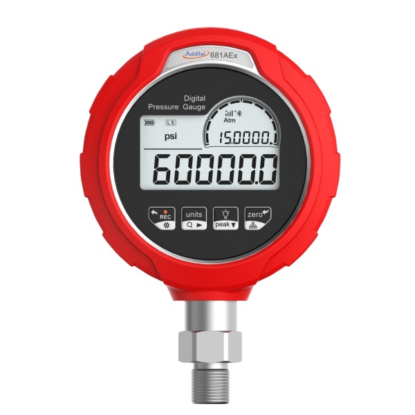 Additel 681AEX digital pressure gauge with a red casing, showing pressure readings in psi and Atm, and function buttons for recording and units.